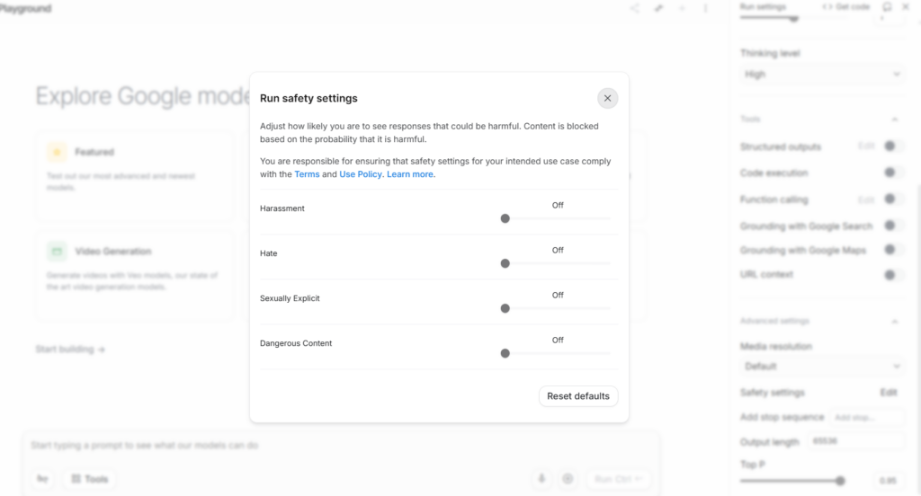 Google AI Studio Safety filters