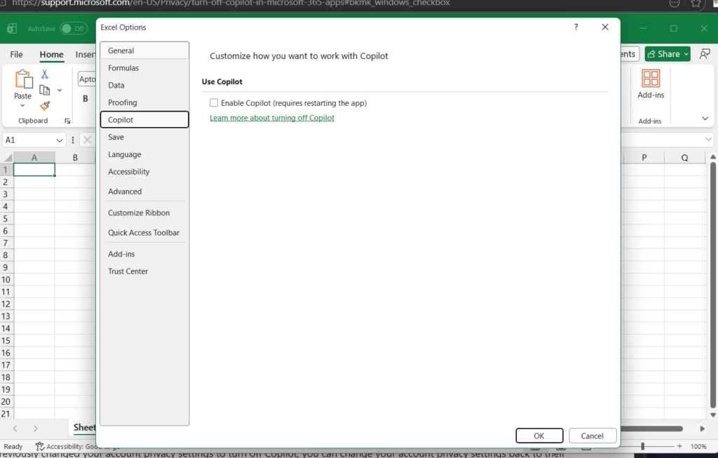 Remove copilot icon in Excel using Settings.