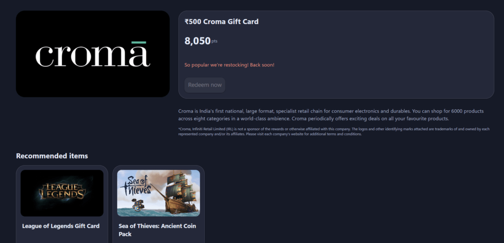 Similar to Microsoft Rewards Alfamart Indonesia Gift Card, Croma gift card is also out of stock