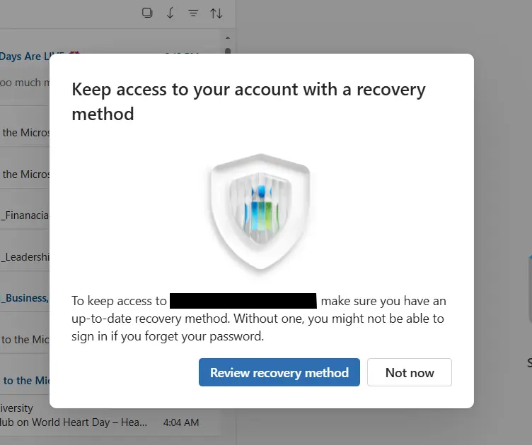 Keep access to your account with a recovery method popup